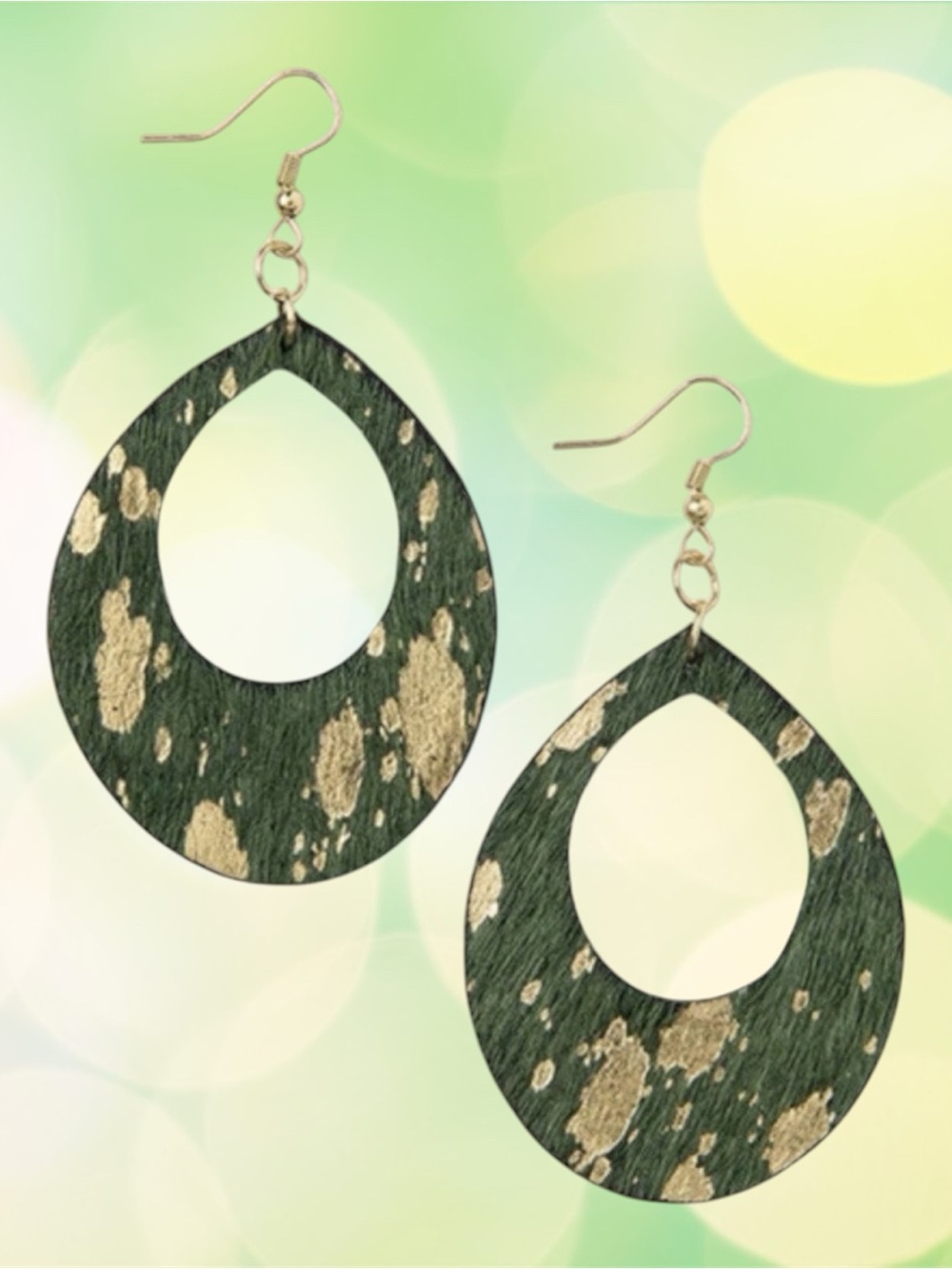 Plunder TEAGAN EARRINGS Green Faux Fur Leather Teardrop with Gold Foil Earrings